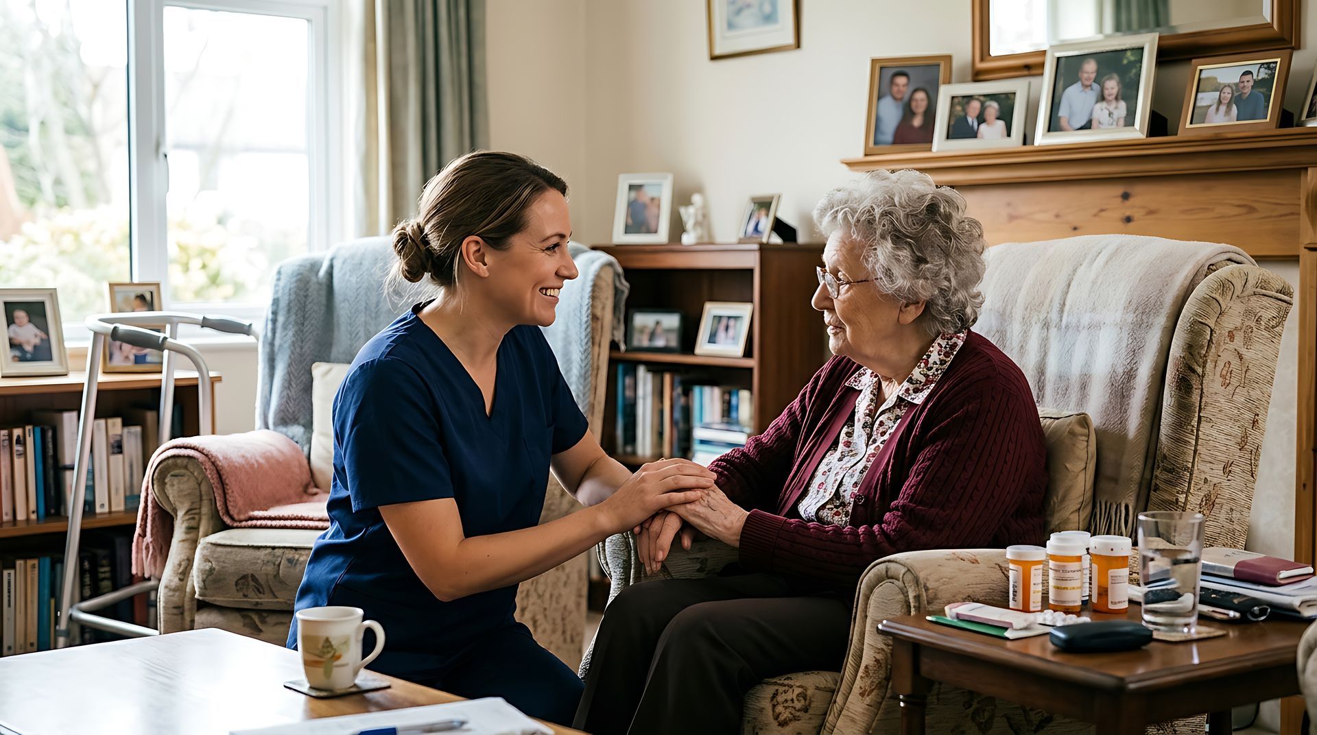 Caring in-home caregivers supporting a smiling senior woman in her armchair beside her medications. Caring in-home caregivers supporting a smiling senior woman in her armchair beside her medications.