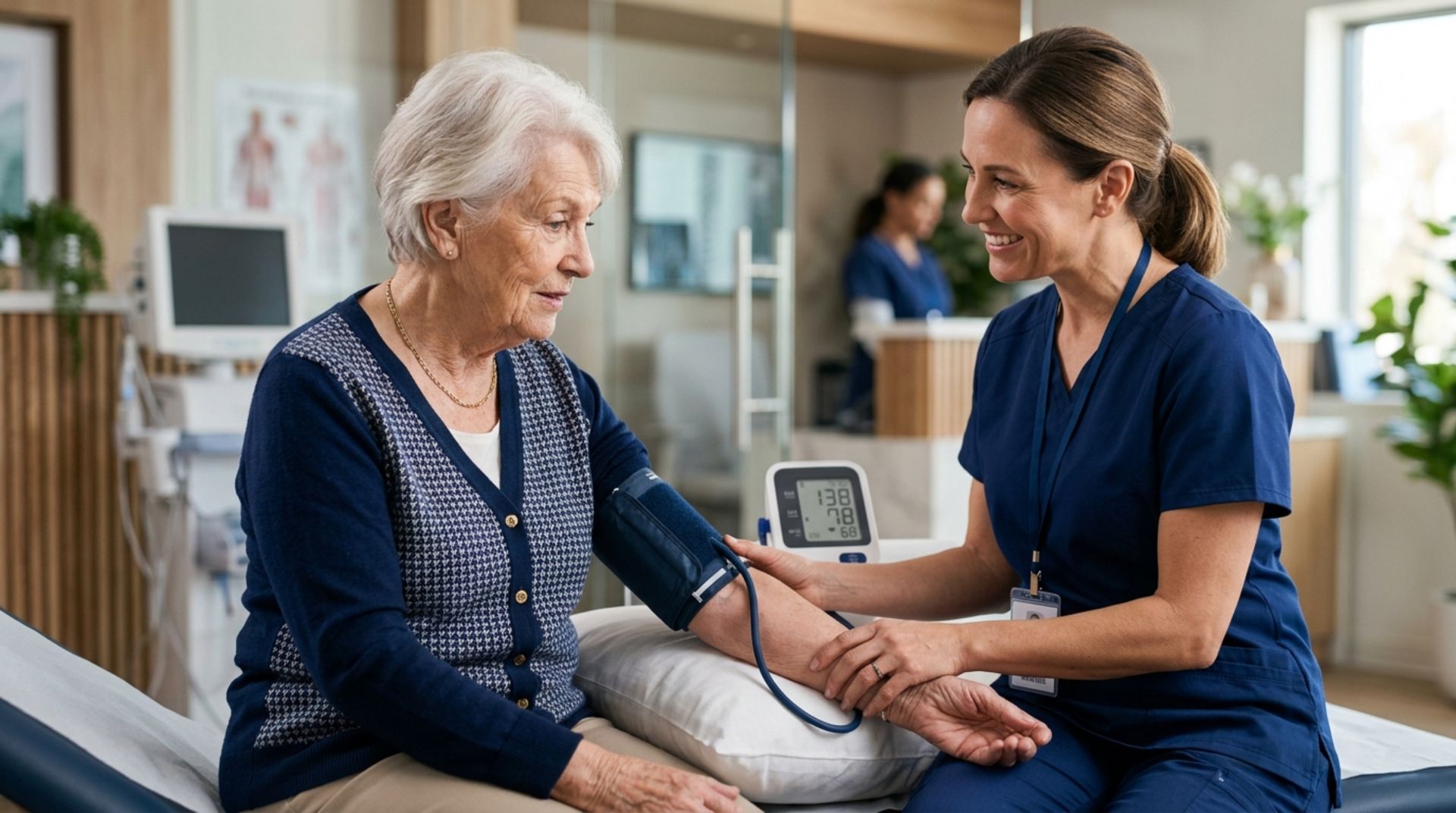 Smiling nurse checks a senior woman's blood pressure during an in-home caregivers solutions visit. Smiling nurse checks a senior woman's blood pressure during an in-home caregivers solutions visit.