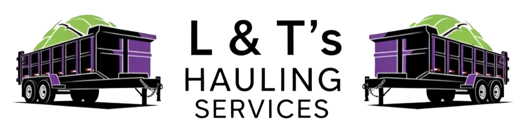 L&T&rsquo;s Hauling Services logo with purple dump trucks and black text on a white background