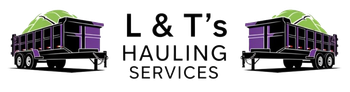 L&T’s Hauling Services logo with purple dump trucks and black text on a white background