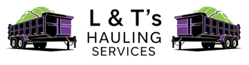 L&T’s Hauling Services logo with purple dump trucks and black text on a white background