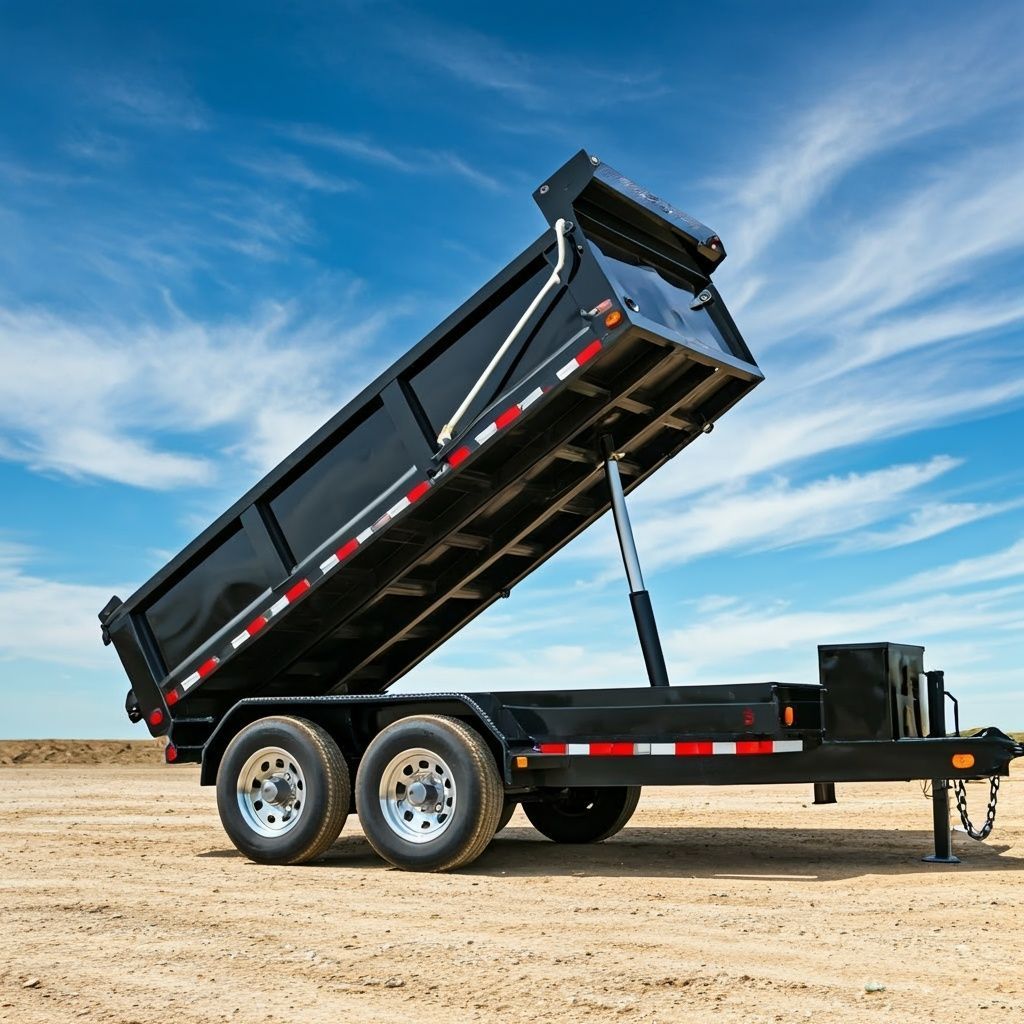 Black dump trailer raised on a tandem-axle flatbed trailer in a sandy open field under a blue sky