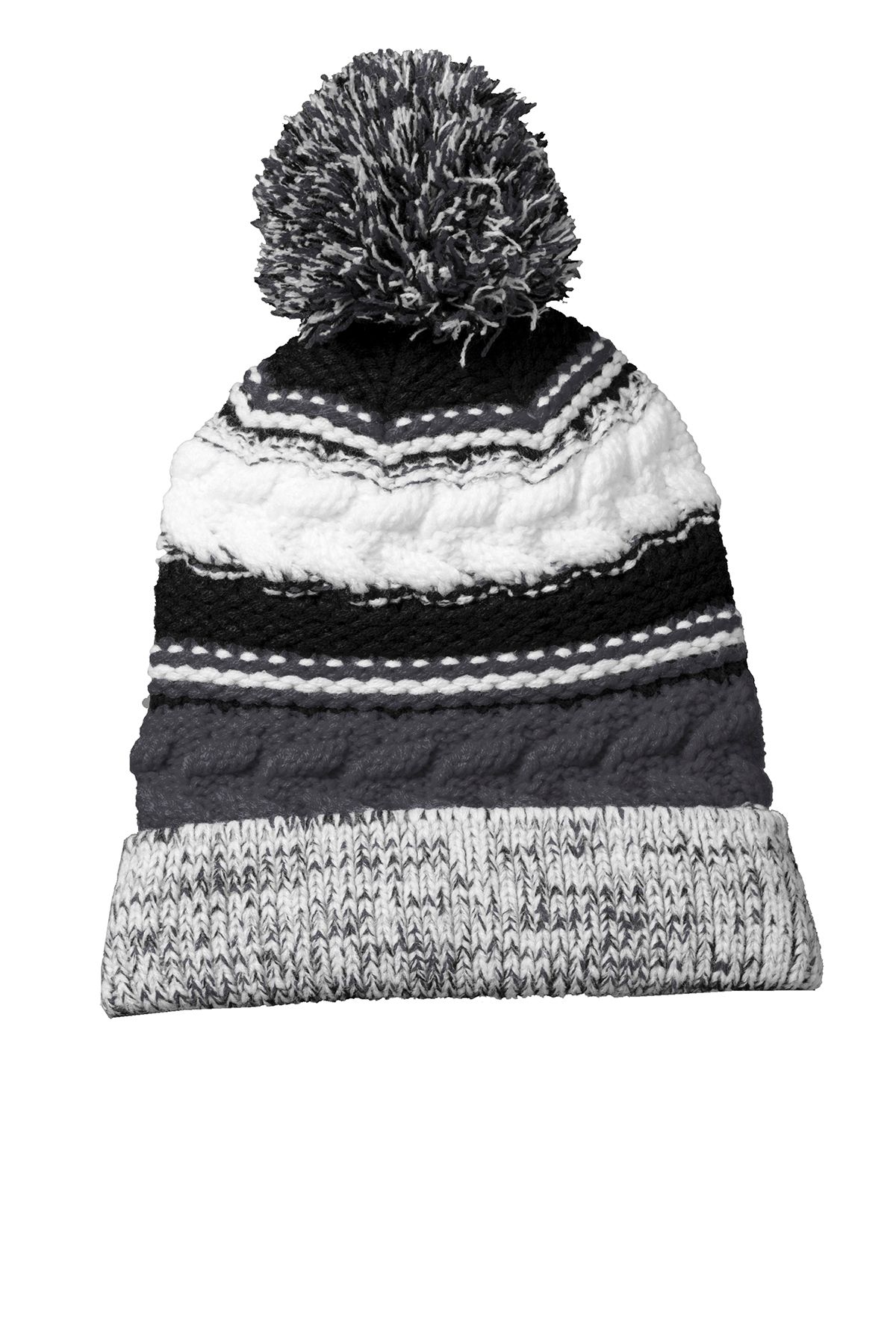 A black and white striped beanie with a pom pom
