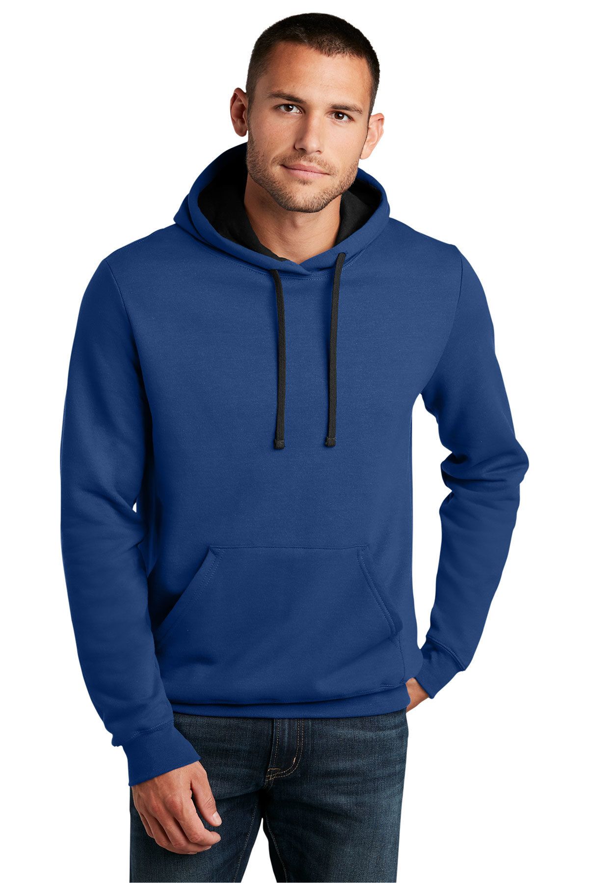 A man is wearing a blue hoodie and jeans