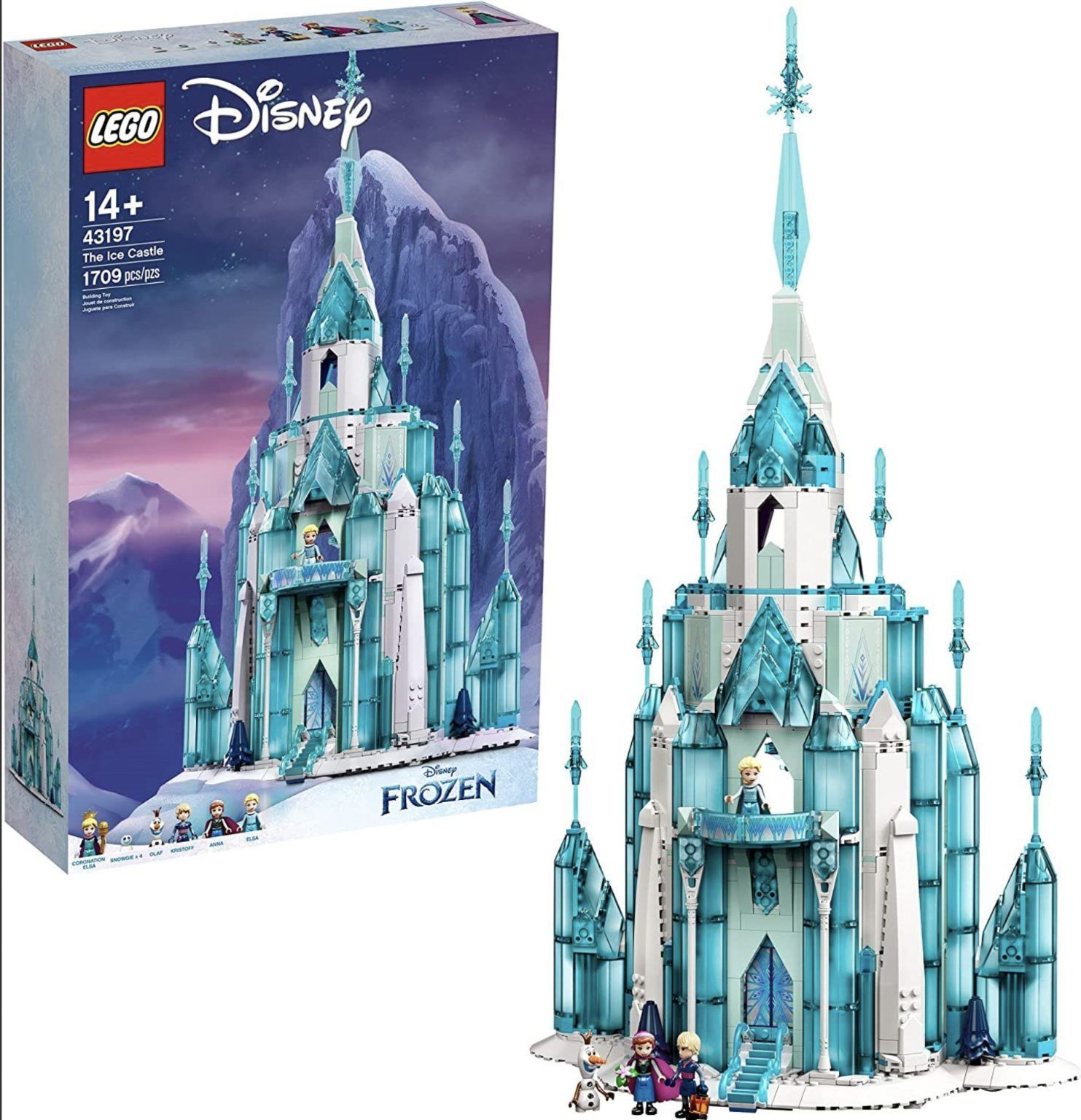 Disney LEGO Frozen ice castle set box and assembled model in blue and white.