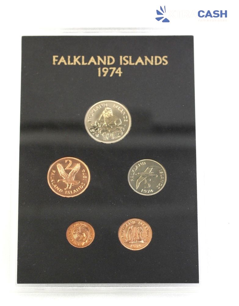 Falkland Islands 1974 coin set on a black display card, with five coins arranged vertically.