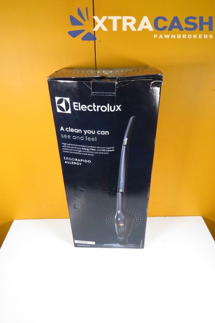 Black upright cordless stick vacuum cleaner on a white background