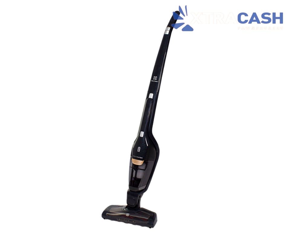 Black upright cordless stick vacuum cleaner on a white background