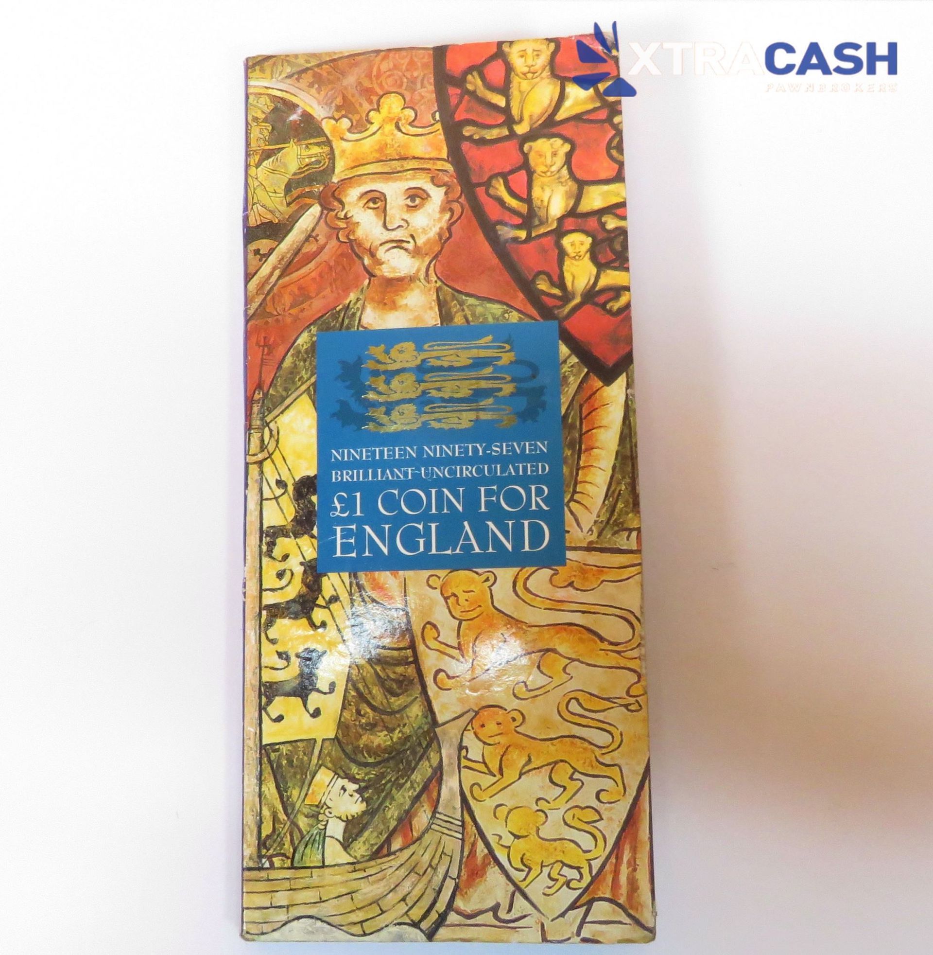 Book cover of a crowned figure in gold and blue, titled “A Coin for England.”