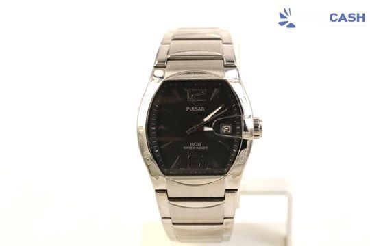 Silver wristwatch with a black dial on a white background