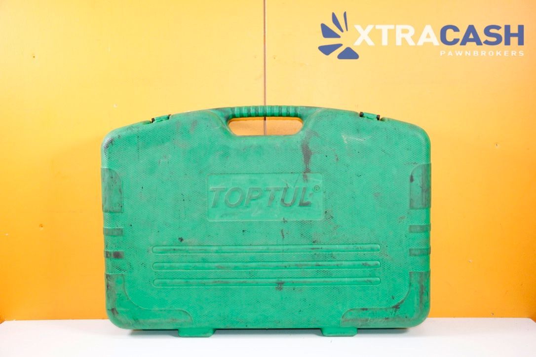 Green tool case with socket wrench set, ratchets, and extension bars arranged inside