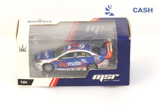 Blue die-cast race car in a boxed M8 Authentic 1:64 toy package with clear window display