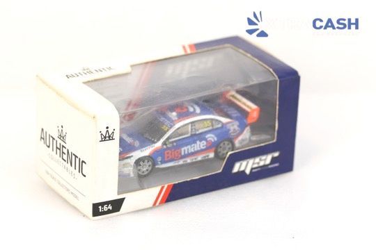 Blue die-cast race car in a boxed M8 Authentic 1:64 toy package with clear window display