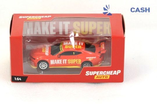 Red Supercheap Auto toy race car in a red display box with “MAKE IT SUPER” text.