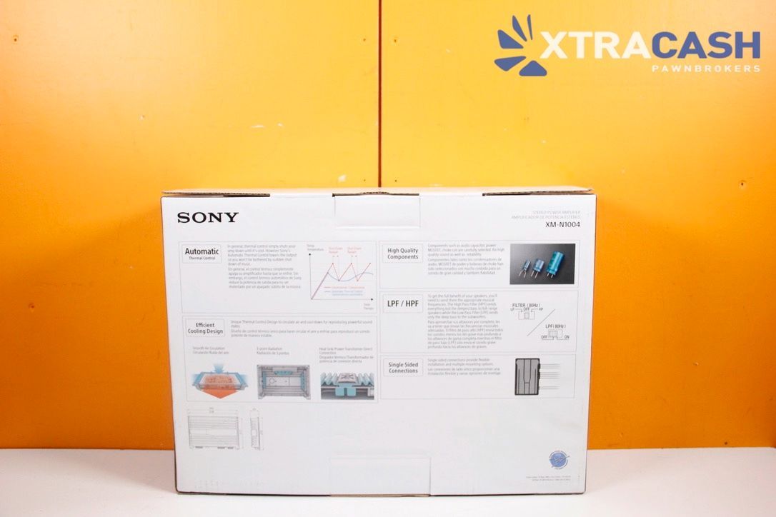 Sony car amplifier box on an orange background with XTRACASH logo