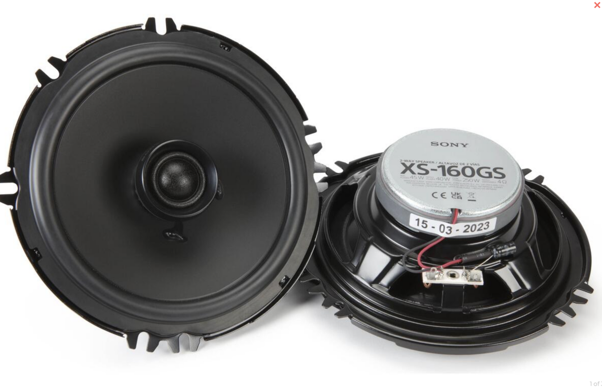 Two black round car speakers, one front view and one rear view with exposed wiring.