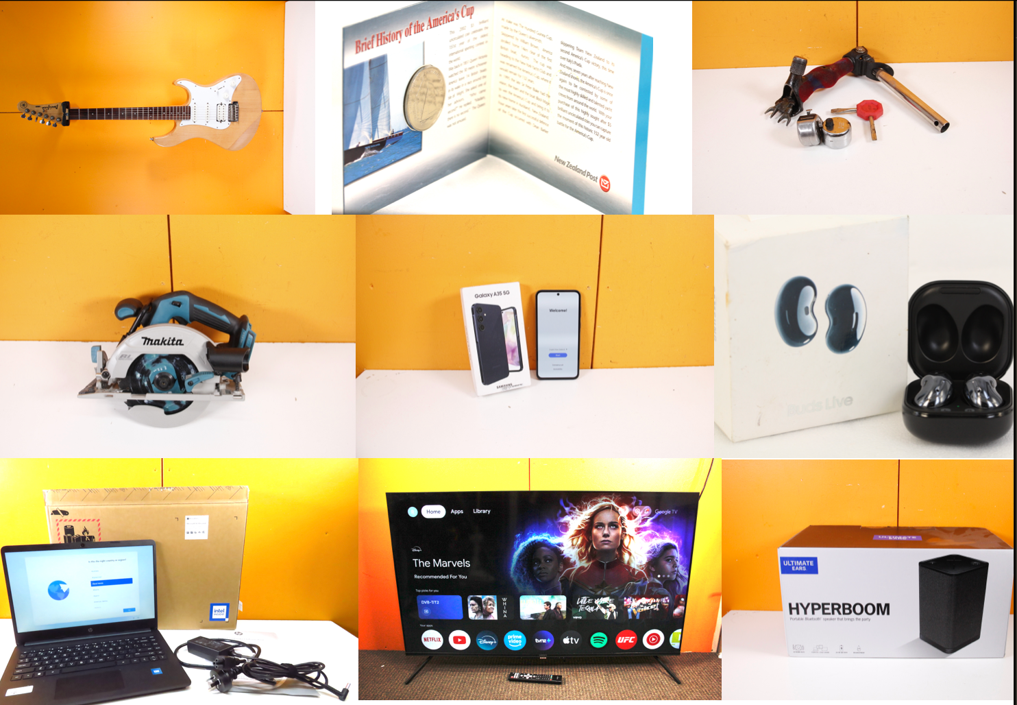 Collage of electronics on orange and white backgrounds, including drones, earbuds, gadgets, monitors, and packaging