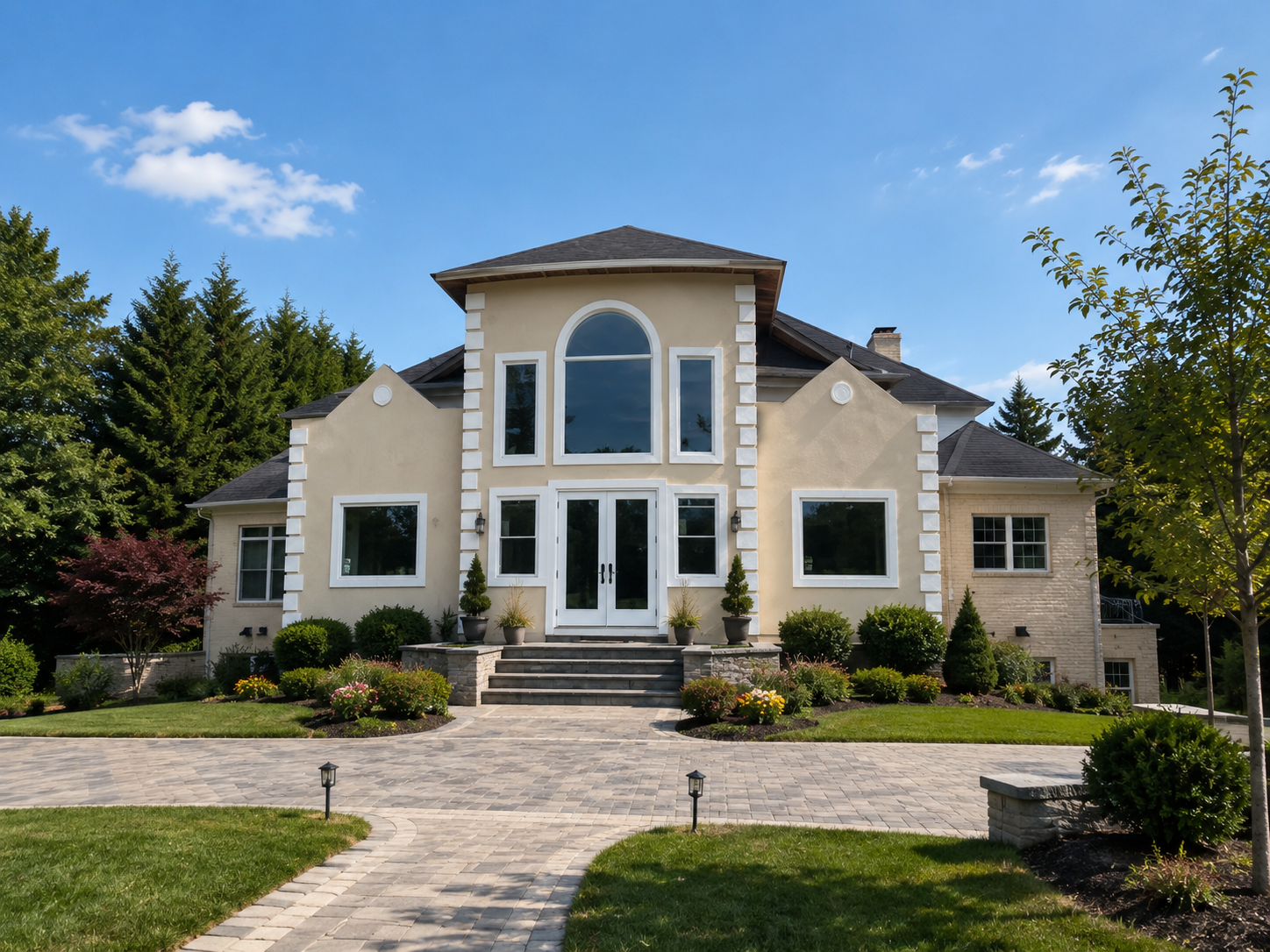 Red painted wooden deck with railing, sliding glass door, and a white house with a window.