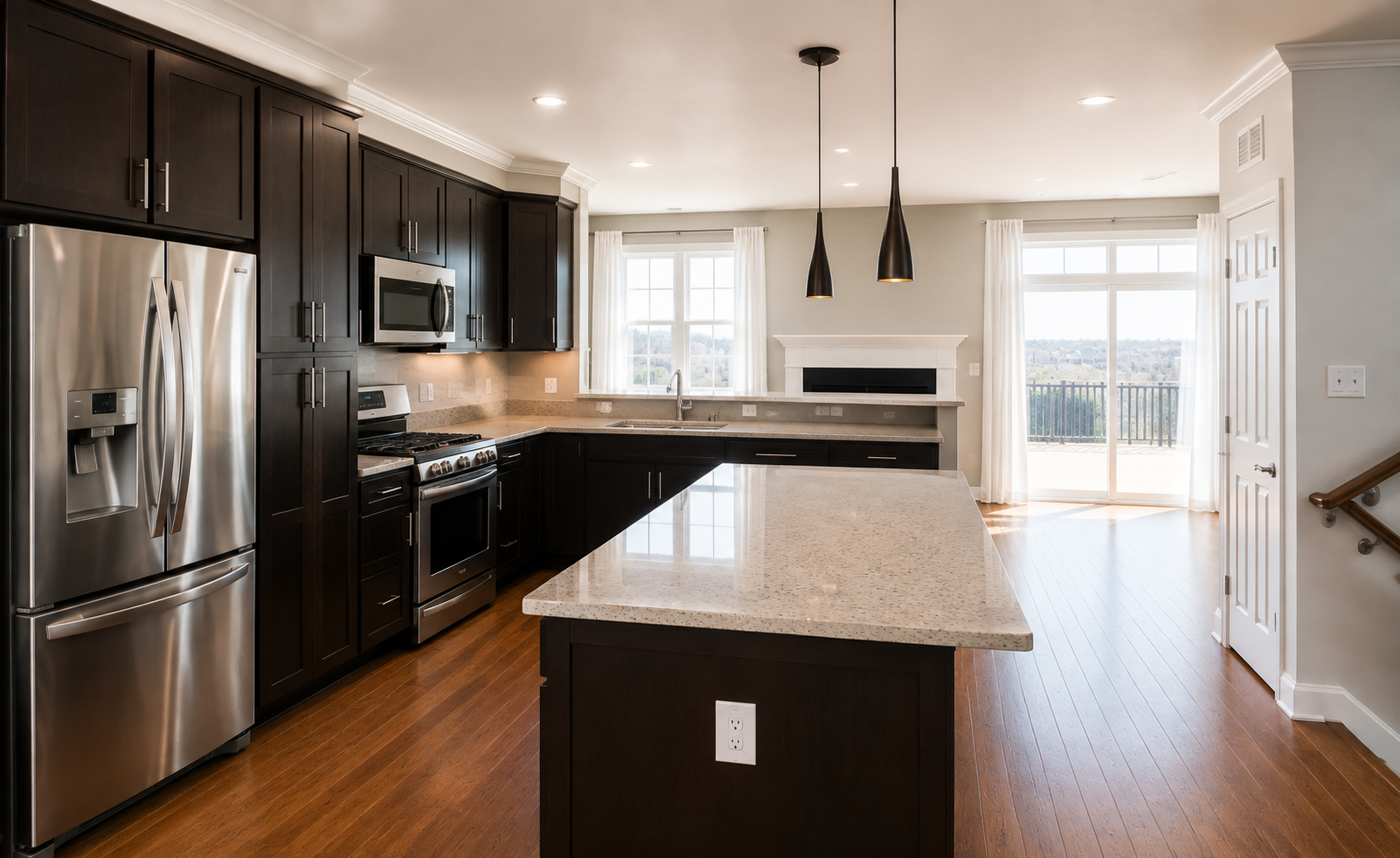 White kitchen with island, black granite countertop, stainless steel appliances, and wooden bar stools.