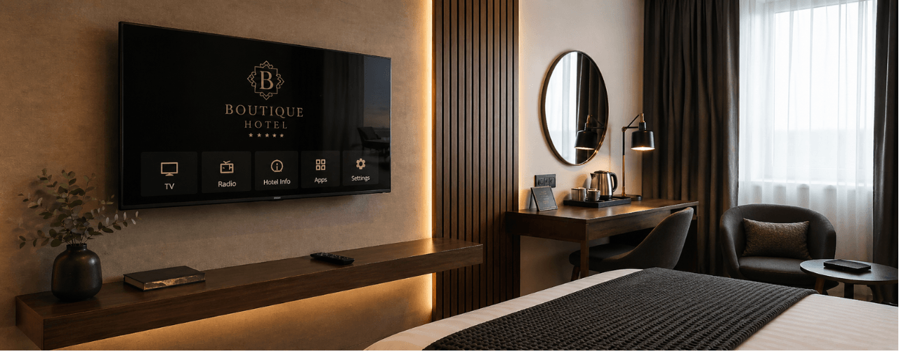 Television wall mounting by Cube Communications in Leeds for a boutique hotel room with a securely.