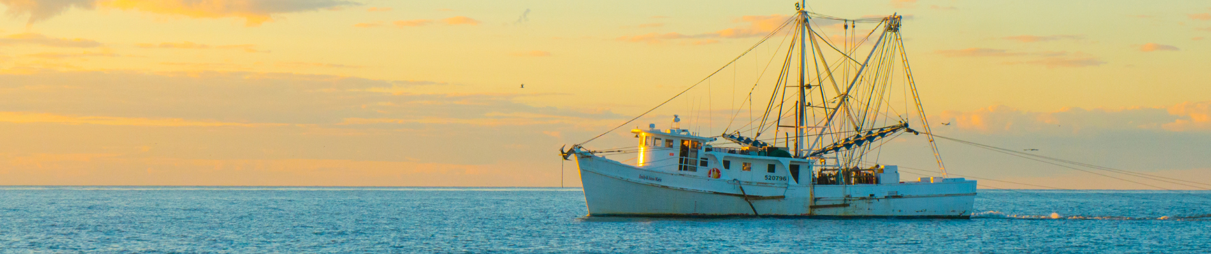 a shrimp boat is floating on top of a large body of water .