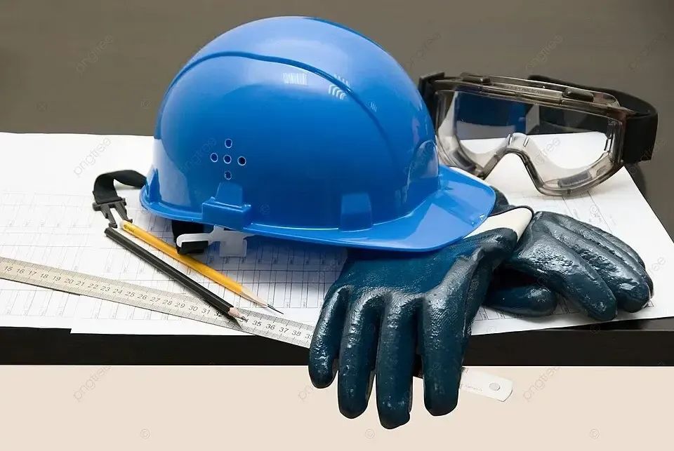 Blue hard hat, safety goggles, gloves, and pencil on blueprints, suggesting construction planning