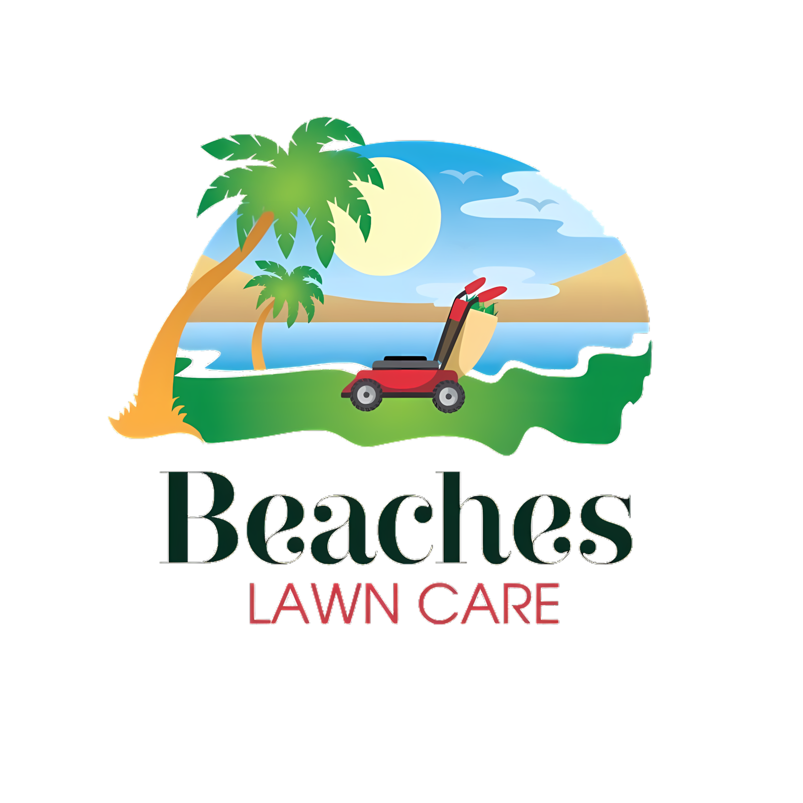 Logo: Palm trees on an island with sunburst, above 