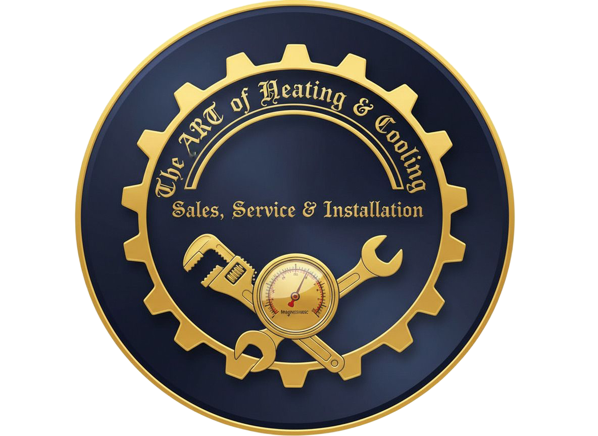 Gold gear logo on navy circle reading “The Art of Heating & Cooling” and “Sales, Service & Installation”