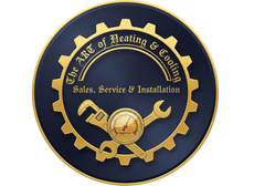 Gold gear-shaped seal on navy background reading “The Art of Heating & Cooling, Sales, Service & Installation”