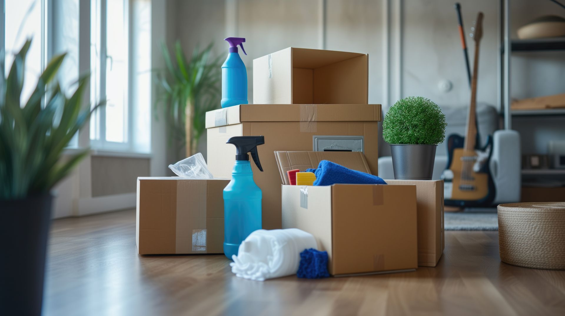 Moving boxes and cleaning supplies stacked in a room with a guitar and plants, suggesting a move or cleanup.