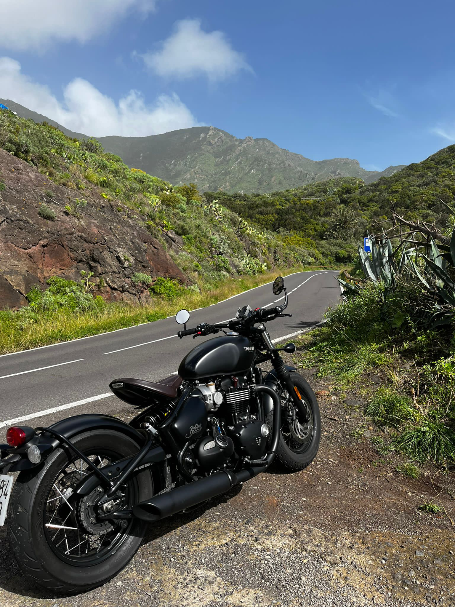 A black motorcycle is parked on the side of a road.