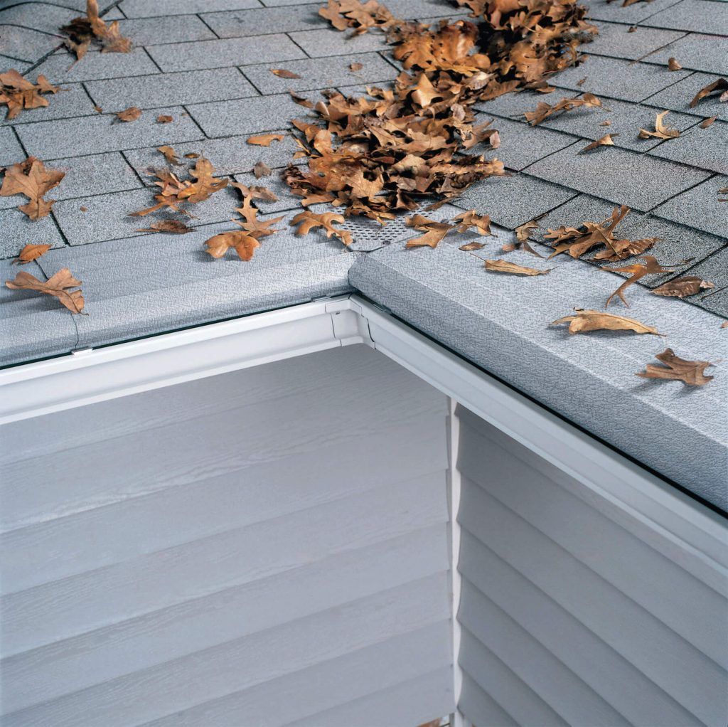 A corner of a roof with light grey shingles covered in brown fallen leaves, sitting above light grey vinyl house siding.