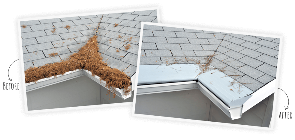 Before and after comparison of a roof corner showing leaves cleared and covered with a white gutter guard system.