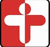 A red and white cross in a square on a white background.