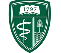 A green shield with a caduceus and a pine tree on it.