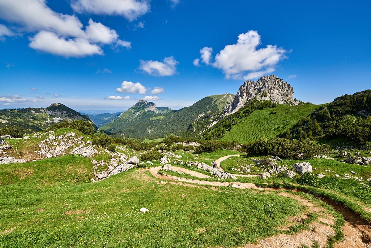 Geschwungener Wanderweg in den Alpen mit grünen Almwiesen und markanten Felsgipfel (Aggenstein) unter blauem Himmel.