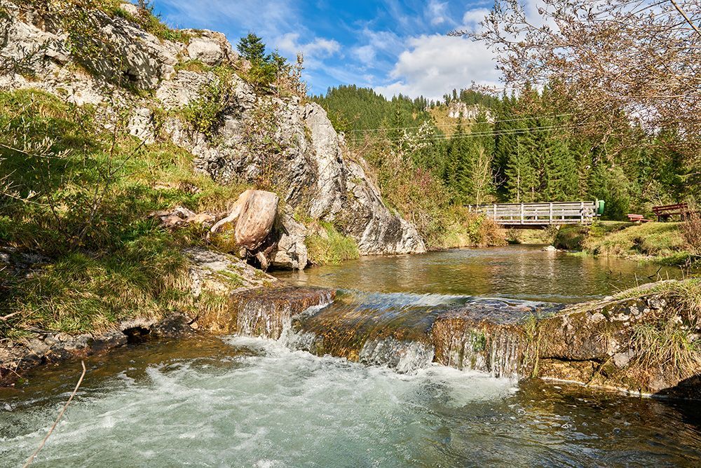 Klarer Gebirgsbach mit kleinem Wasserfall, Felsen und einer rustikalen Holzbrücke vor dichtem Wald.