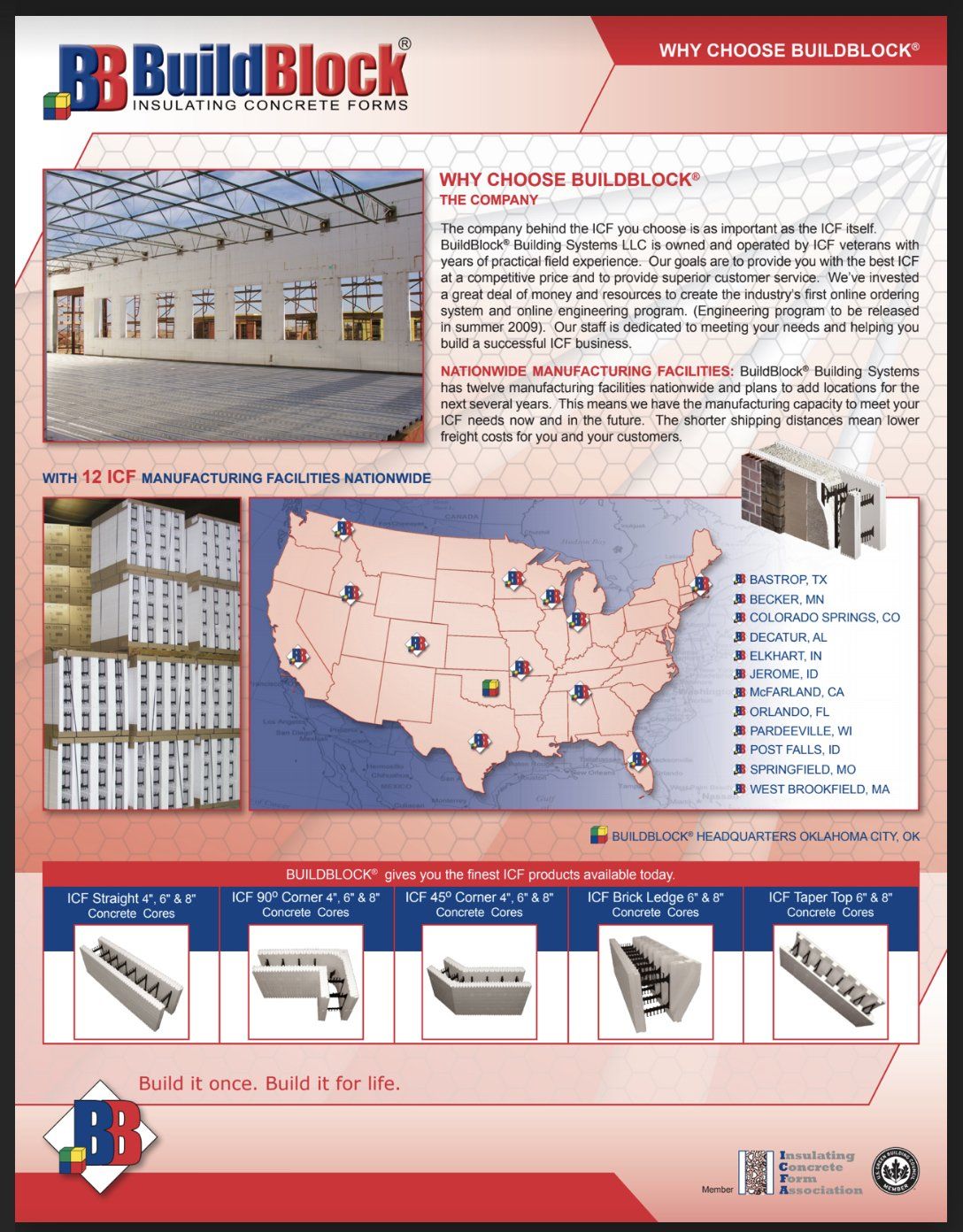 BuildBlock Insulated Concrete Forms advertisement: warehouse, map of US with locations, product diagrams.