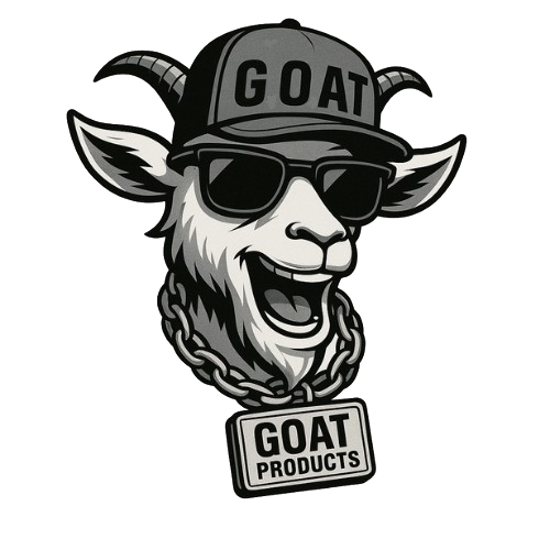 A gray-scale logo of a smiling goat wearing sunglasses, a cap labeled