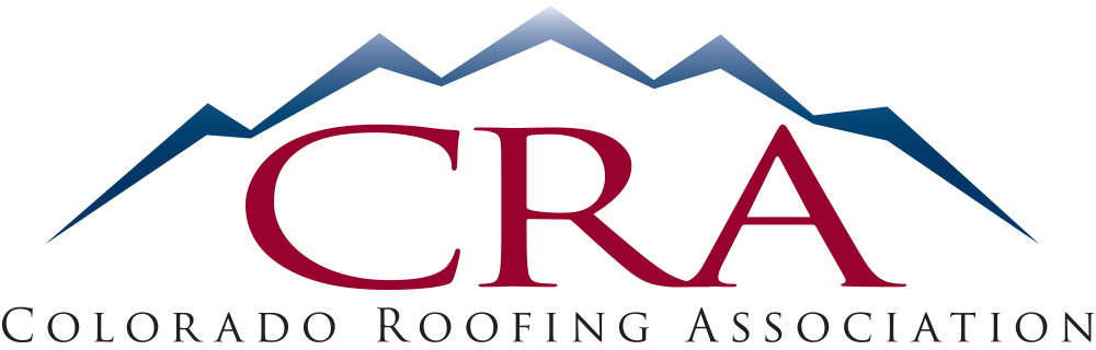 The logo for the colorado roofing association has a mountain in the background.
