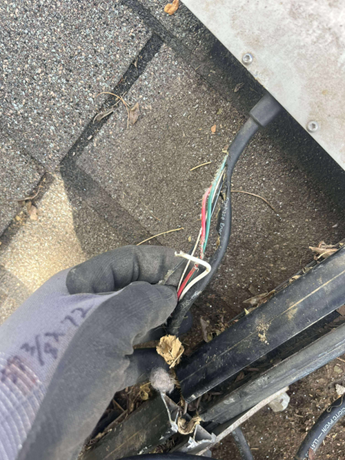 Gloved hand holding exposed multi-colored wires, near black cables and a metal box outdoors.