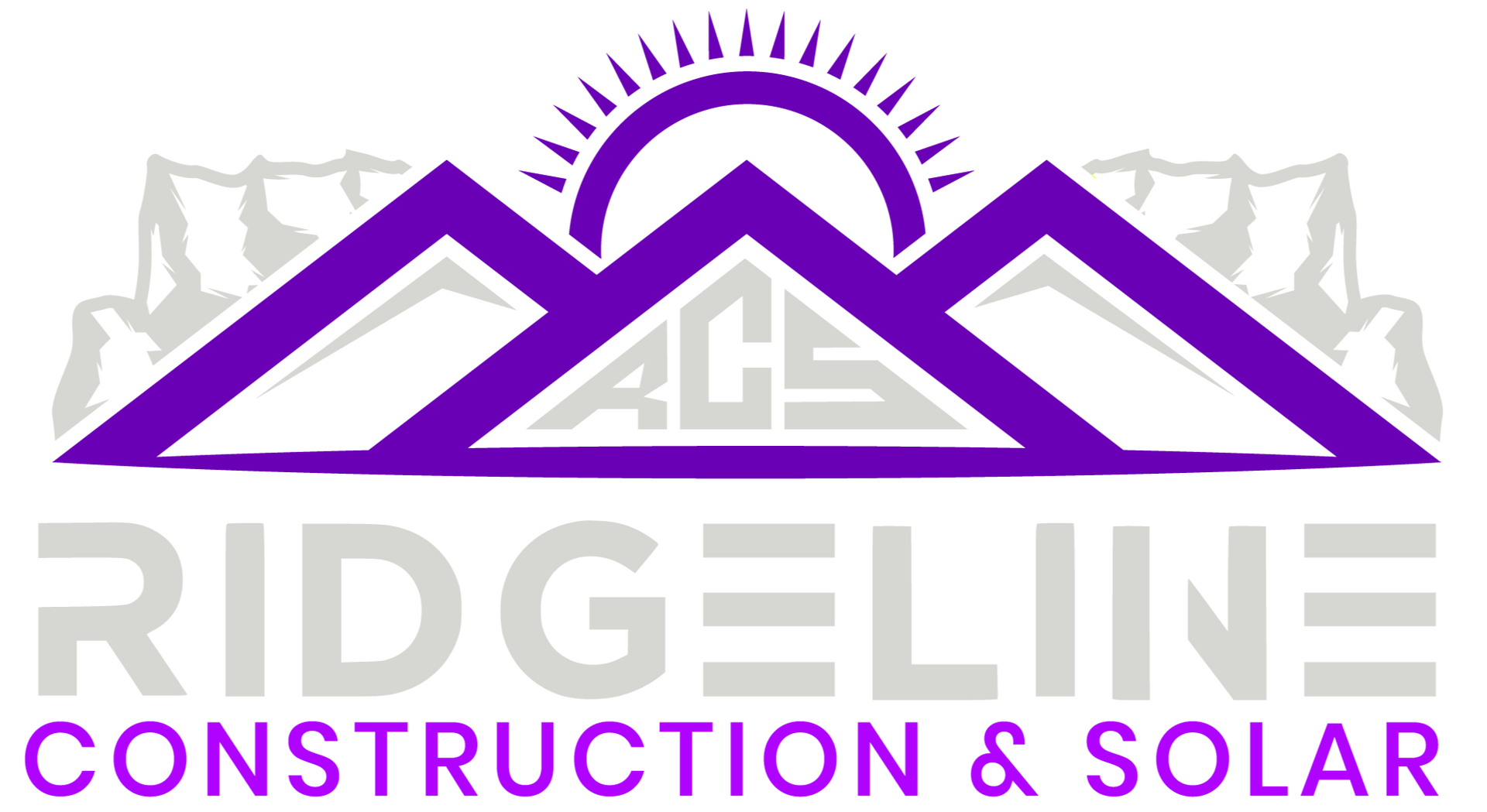 The logo for ridgeline construction and solar has a purple mountain and the sun on it.