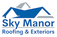 Logo for Sky Manor Roofing & Exteriors: Blue and gray house roof with text "Sky Manor Roofing & Exteriors".