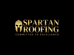 Gold Spartan Roofing logo with helmet icon, text "SPARTAN ROOFING" and "COMMITTED TO EXCELLENCE" on black background.