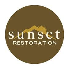 Logo for Sunset Restoration: Brown circle with mountain and sun graphic. Text "sunset restoration".