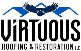 Logo for Virtuous Roofing & Restoration LLC. Black text with a blue roof and eagle.