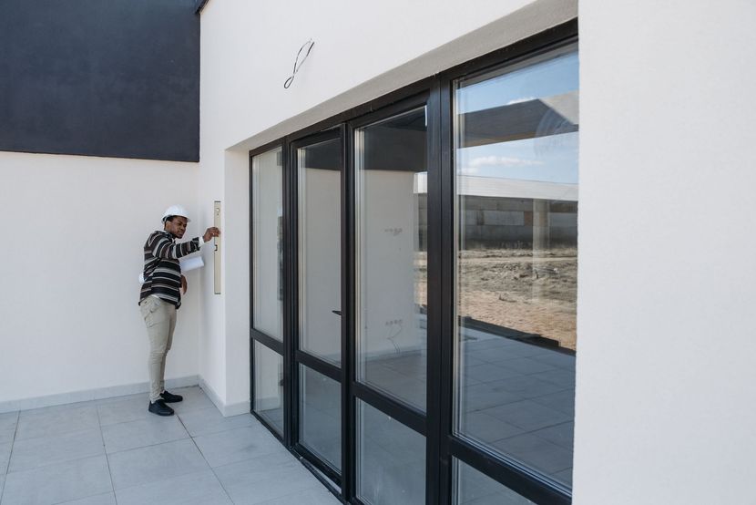 Person standing beside a white building near large glass doors on a sunny patio.