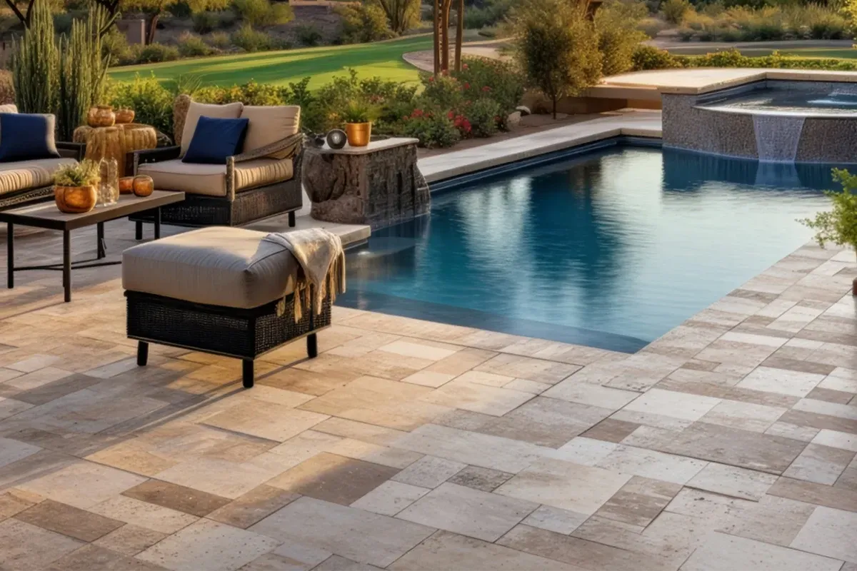 Pátio com piscina; piso travertino french pattern,  móveis de vime com almofadas, fonte e gramado.