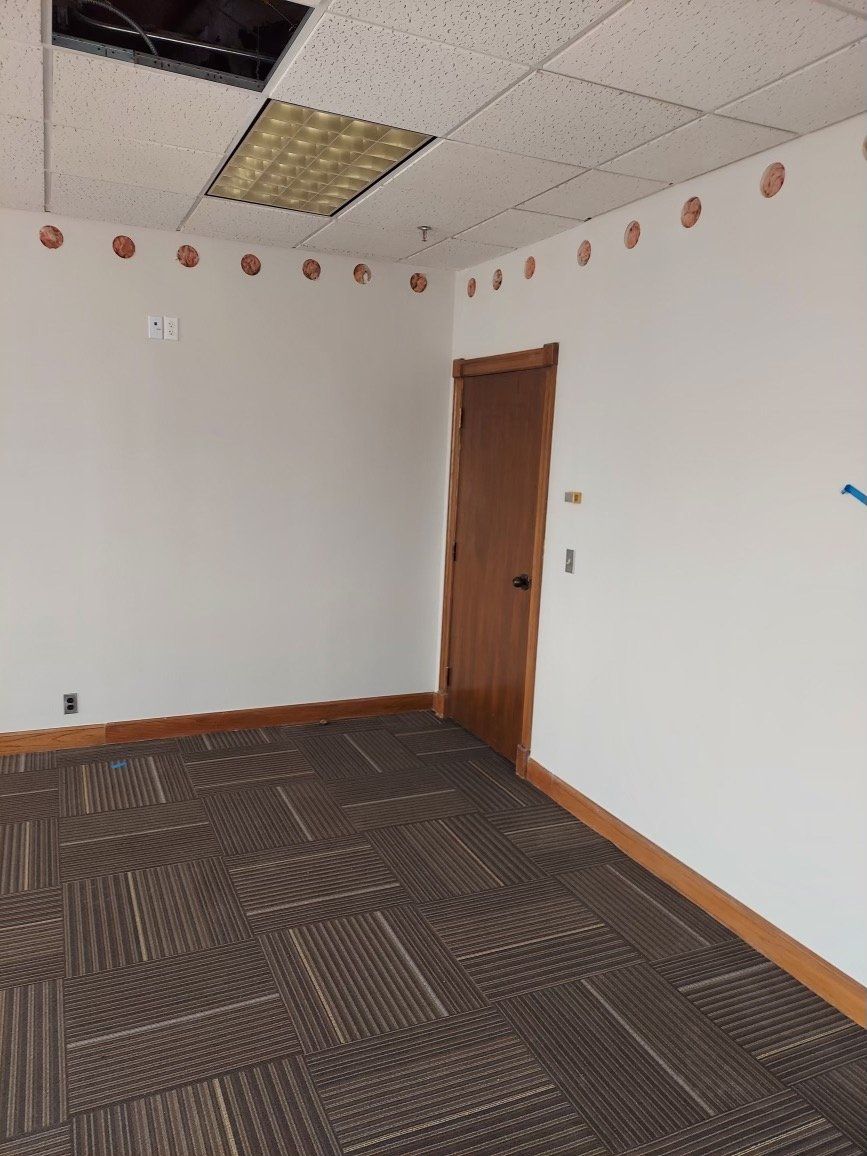 Empty corner of a room with white walls, patterned carpet, a wooden door, and a drop ceiling with a light fixture.