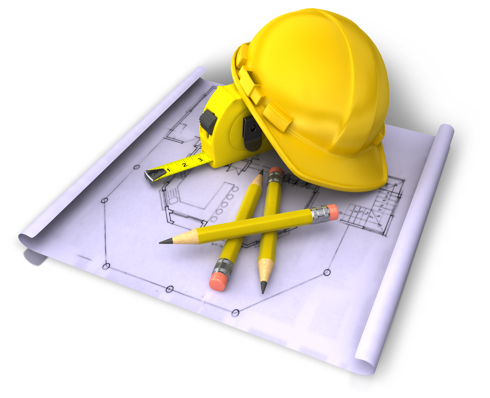 A yellow hard hat sits on top of a blueprint next to pencils and a tape measure